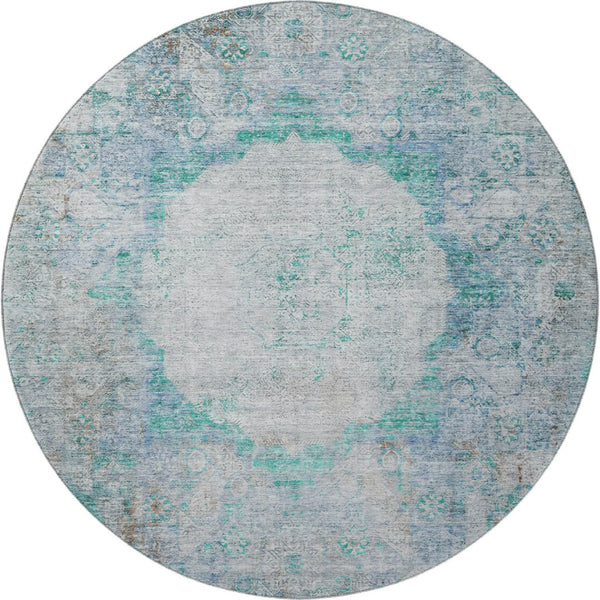 HomeRoots 8' Teal And Gray Oriental Round Rug – Washable, UV Protected, Stain Resistant for Everyday Elegance 655719