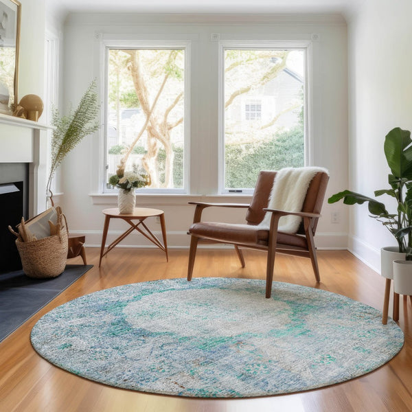 HomeRoots 8' Teal And Gray Oriental Round Rug – Washable, UV Protected, Stain Resistant for Everyday Elegance 655719