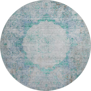 HomeRoots 8' Teal And Gray Oriental Round Rug – Washable, UV Protected, Stain Resistant for Everyday Elegance 655719