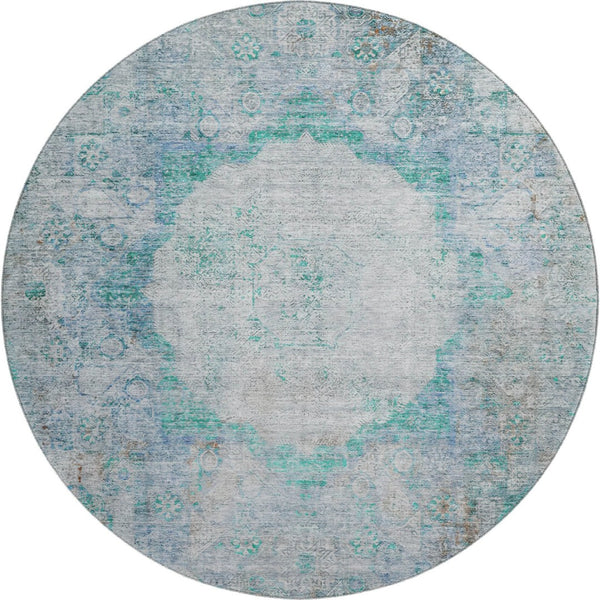 HomeRoots 8' Teal And Gray Oriental Round Rug – Washable, UV Protected, Stain Resistant for Everyday Elegance 655719