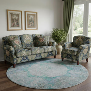 HomeRoots 8' Teal And Gray Oriental Round Rug – Washable, UV Protected, Stain Resistant for Everyday Elegance 655719