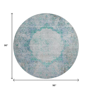 HomeRoots 8' Teal And Gray Oriental Round Rug – Washable, UV Protected, Stain Resistant for Everyday Elegance 655719