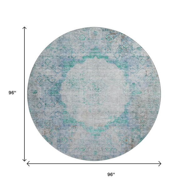 HomeRoots 8' Teal And Gray Oriental Round Rug – Washable, UV Protected, Stain Resistant for Everyday Elegance 655719
