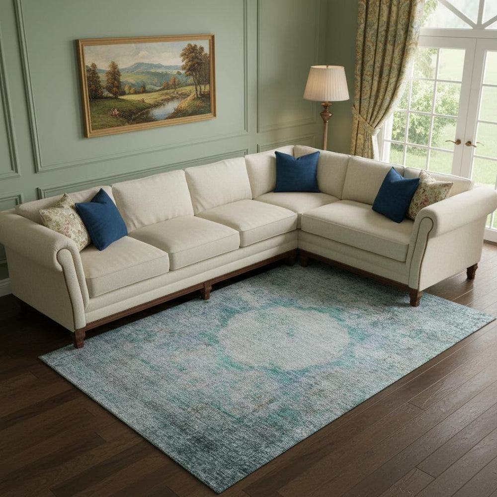 HomeRoots 8' X 10' Teal and Gray Oriental Area Rug - Washable, UV Protected, Stain Resistant, Stylish & Durable! 655720