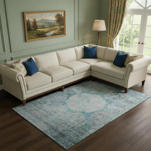 HomeRoots 8' X 10' Teal and Gray Oriental Area Rug - Washable, UV Protected, Stain Resistant, Stylish & Durable! 655720