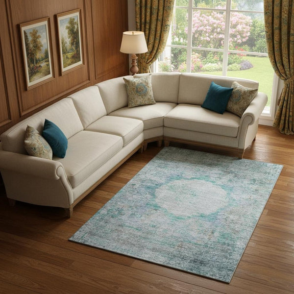 HomeRoots 8' X 10' Teal and Gray Oriental Area Rug - Washable, UV Protected, Stain Resistant, Stylish & Durable! 655720