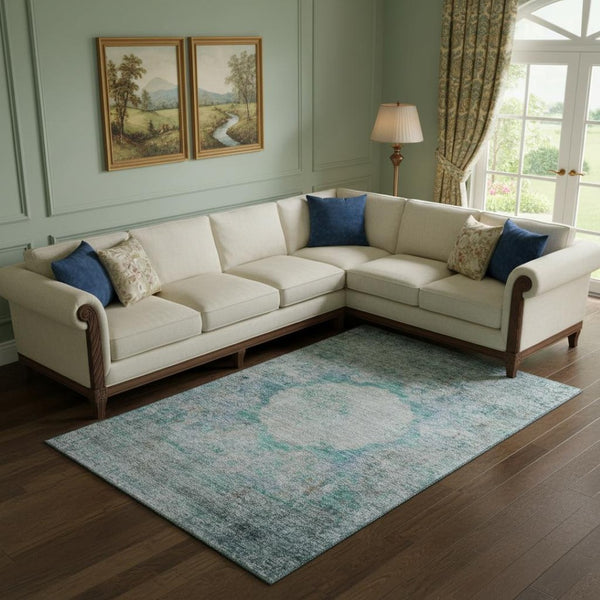 HomeRoots 9' X 12' Teal and Gray Oriental Area Rug - Washable, Stain-Resistant, UV-Protected for Busy Homes 655721
