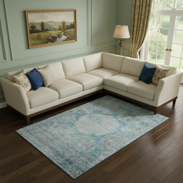 HomeRoots 10' X 14' Teal and Gray Oriental Area Rug – Washable, UV-Protected, Pet-Friendly, and Stylish! 655722