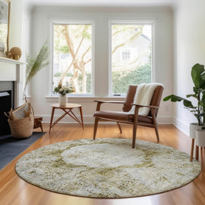HomeRoots 8' Elegant Taupe Brown & Gray Oriental Washable Round Rug with UV Protection & Stain Resistance 655725