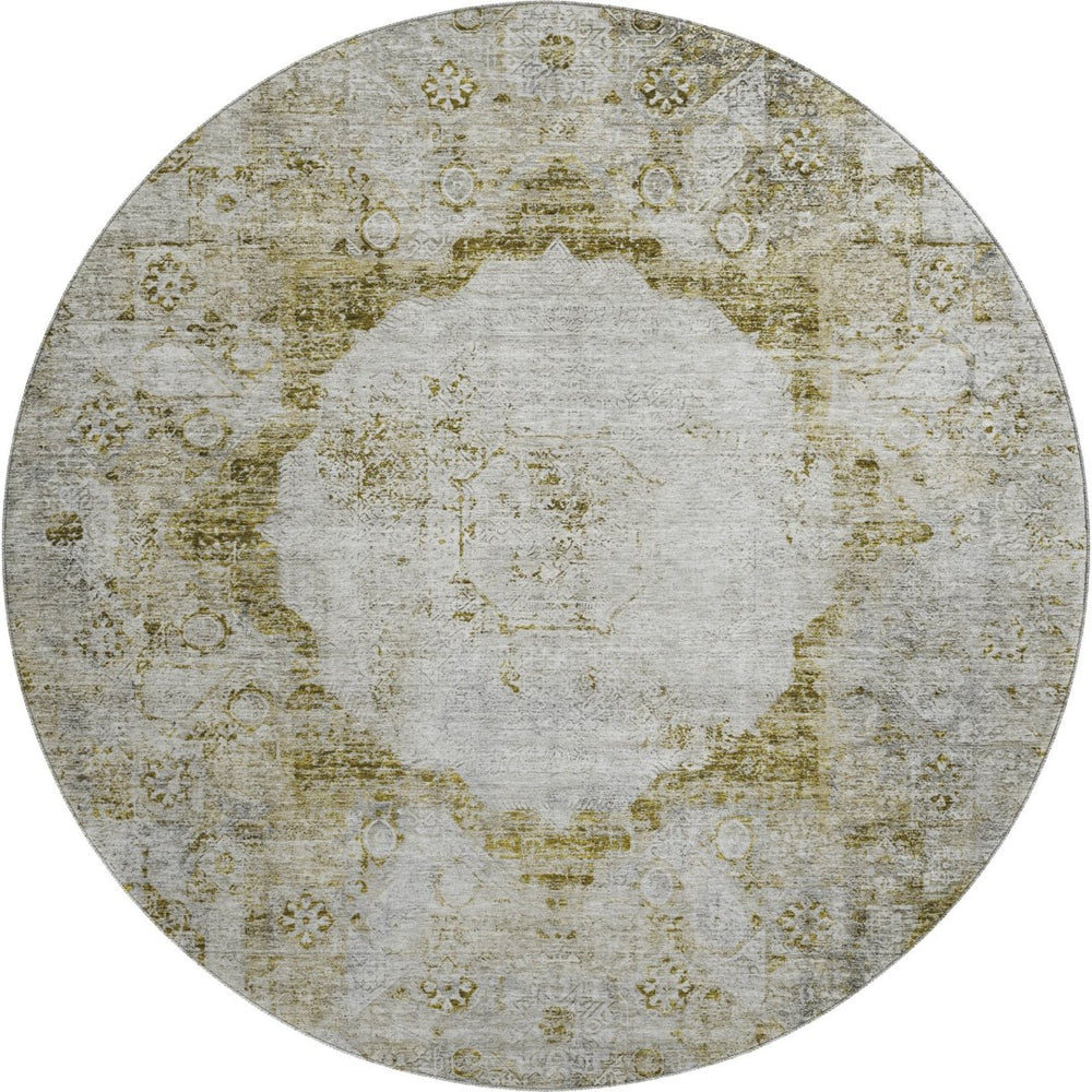 HomeRoots 8' Elegant Taupe Brown & Gray Oriental Washable Round Rug with UV Protection & Stain Resistance 655725