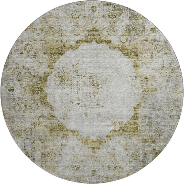HomeRoots 8' Elegant Taupe Brown & Gray Oriental Washable Round Rug with UV Protection & Stain Resistance 655725