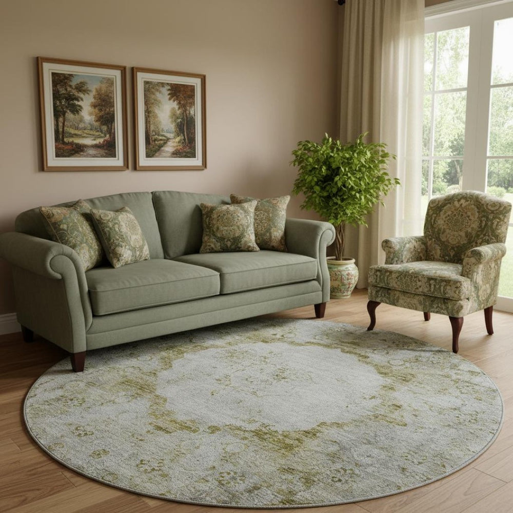 HomeRoots 8' Elegant Taupe Brown & Gray Oriental Washable Round Rug with UV Protection & Stain Resistance 655725