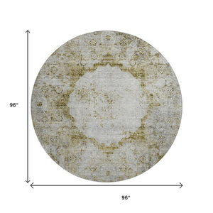 HomeRoots 8' Elegant Taupe Brown & Gray Oriental Washable Round Rug with UV Protection & Stain Resistance 655725