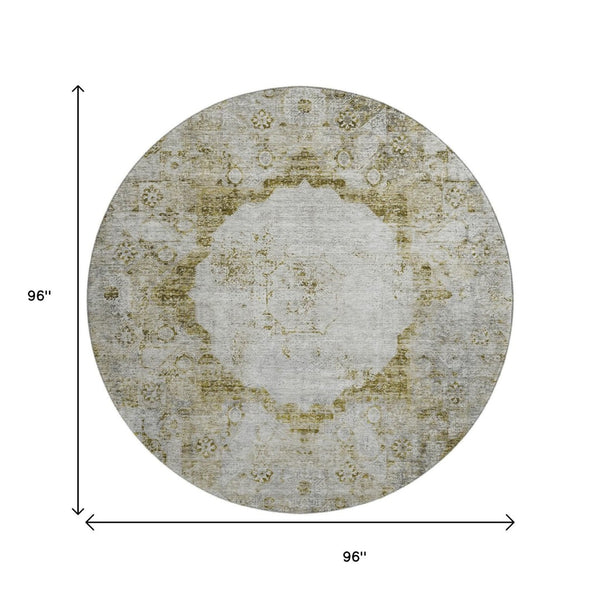 HomeRoots 8' Elegant Taupe Brown & Gray Oriental Washable Round Rug with UV Protection & Stain Resistance 655725