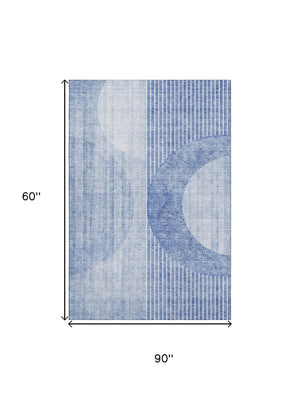 HomeRoots 5' Blue and Ivory Geometric Washable Area Rug – Durable, UV-Protected, Stylish for Any Room! 655730