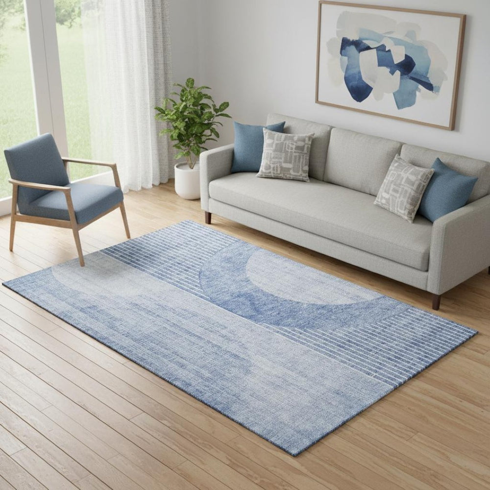 HomeRoots 5' Blue and Ivory Geometric Washable Area Rug – Durable, UV-Protected, Stylish for Any Room! 655730