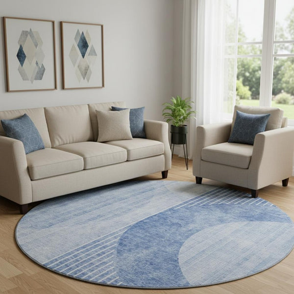 HomeRoots 8' Blue and Ivory Geometric Round Rug - Washable, UV Protected, Perfect for Homes with Kids & Pets! 655731