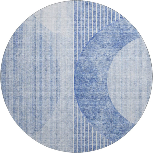HomeRoots 8' Blue and Ivory Geometric Round Rug - Washable, UV Protected, Perfect for Homes with Kids & Pets! 655731