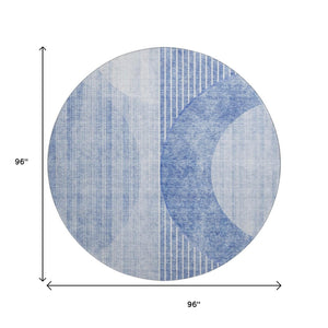 HomeRoots 8' Blue and Ivory Geometric Round Rug - Washable, UV Protected, Perfect for Homes with Kids & Pets! 655731