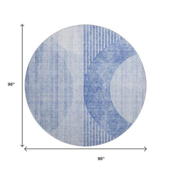 HomeRoots 8' Blue and Ivory Geometric Round Rug - Washable, UV Protected, Perfect for Homes with Kids & Pets! 655731