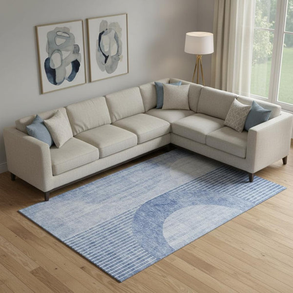 HomeRoots 9' X 12' Washable Blue and Ivory Geometric Area Rug – UV Protected, Stain-Resistant, Modern Style 655733