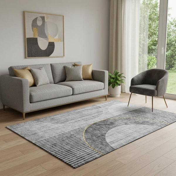 HomeRoots 5' X 8' Modern Charcoal Gold Silver Geometric Washable Area Rug with UV Protection for Homes 655736