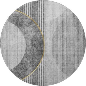HomeRoots 8' Charcoal Geometric Round Rug with Gold & Silver Accents - Washable, Stain Resistant & UV Protected 655737