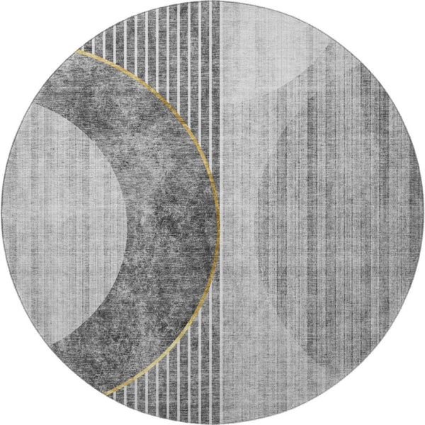 HomeRoots 8' Charcoal Geometric Round Rug with Gold & Silver Accents - Washable, Stain Resistant & UV Protected 655737