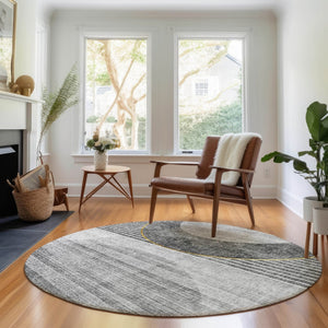 HomeRoots 8' Charcoal Geometric Round Rug with Gold & Silver Accents - Washable, Stain Resistant & UV Protected 655737