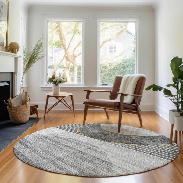 HomeRoots 8' Charcoal Geometric Round Rug with Gold & Silver Accents - Washable, Stain Resistant & UV Protected 655737