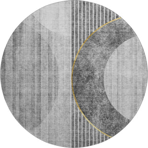 HomeRoots 8' Charcoal Geometric Round Rug with Gold & Silver Accents - Washable, Stain Resistant & UV Protected 655737
