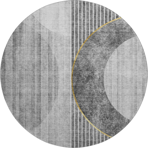 HomeRoots 8' Charcoal Geometric Round Rug with Gold & Silver Accents - Washable, Stain Resistant & UV Protected 655737