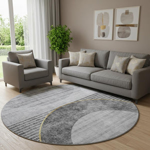 HomeRoots 8' Charcoal Geometric Round Rug with Gold & Silver Accents - Washable, Stain Resistant & UV Protected 655737