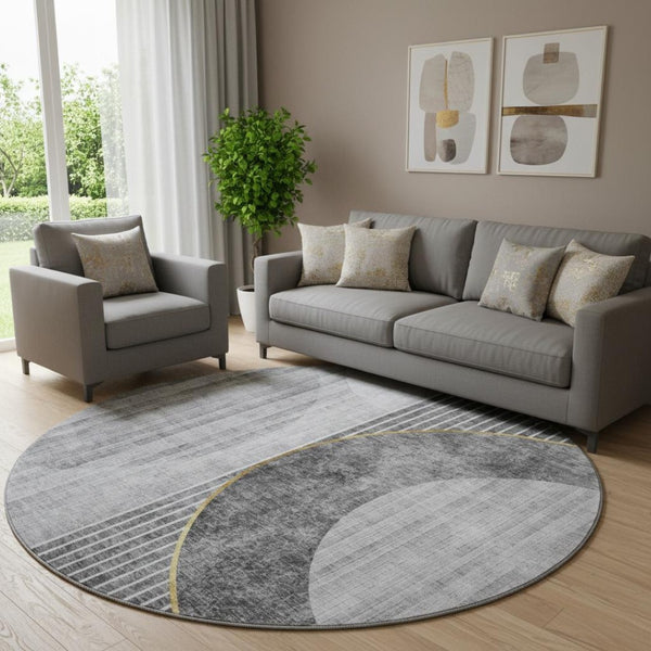 HomeRoots 8' Charcoal Geometric Round Rug with Gold & Silver Accents - Washable, Stain Resistant & UV Protected 655737