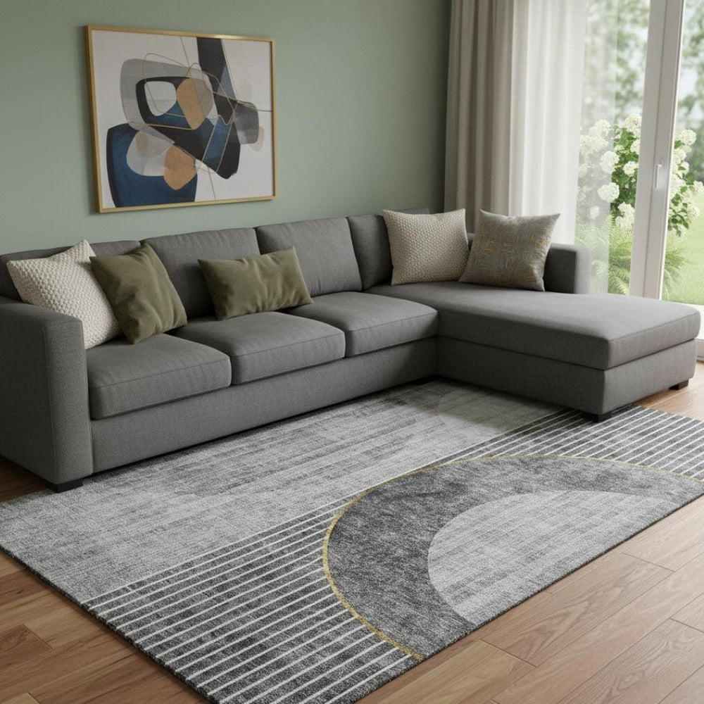 HomeRoots 8' X 10' Charcoal Gold & Silver Geometric Area Rug - Washable, UV-Protected, Stain-Resistant Design 655738