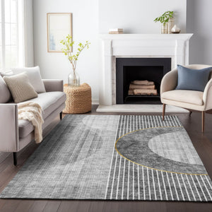 HomeRoots 9' X 12' Modern Geometric Area Rug in Charcoal, Gold & Silver - Stain Resistant with UV Protection 655739