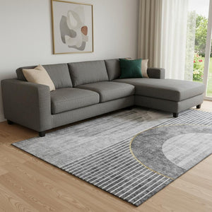 HomeRoots 9' X 12' Modern Geometric Area Rug in Charcoal, Gold & Silver - Stain Resistant with UV Protection 655739