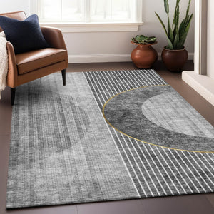 HomeRoots 9' X 12' Modern Geometric Area Rug in Charcoal, Gold & Silver - Stain Resistant with UV Protection 655739