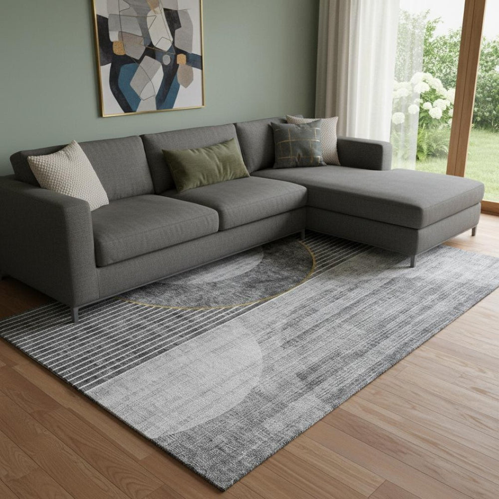 HomeRoots 10' Charcoal Gold Silver Geometric Area Rug - Washable, UV Protected, Stain-Resistant, Durable Design 655740