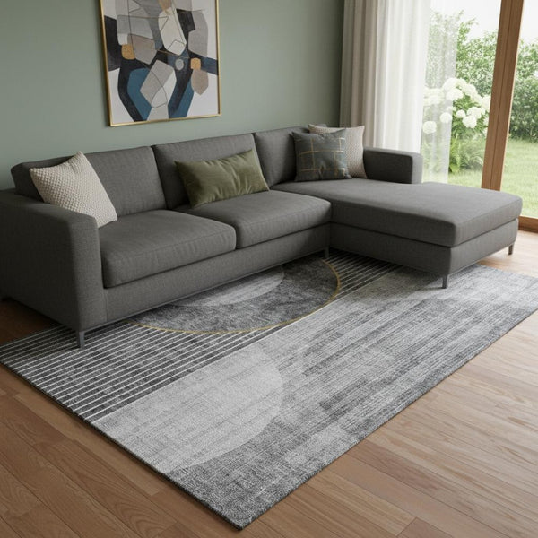 HomeRoots 10' Charcoal Gold Silver Geometric Area Rug - Washable, UV Protected, Stain-Resistant, Durable Design 655740