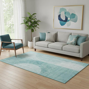 HomeRoots 5' X 8' Teal and Ivory Geometric Area Rug - Stain Resistant, UV Protected, Machine Washable Decor Piece 655748