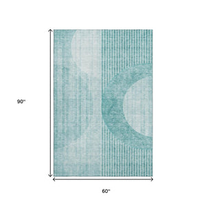 HomeRoots 5' X 8' Teal and Ivory Geometric Area Rug - Stain Resistant, UV Protected, Machine Washable Decor Piece 655748