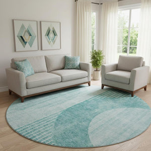 HomeRoots 8' Teal and Ivory Geometric Round Rug - Washable, UV-Protected, Perfect for Indoor & Outdoor Use 655749