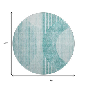 HomeRoots 8' Teal and Ivory Geometric Round Rug - Washable, UV-Protected, Perfect for Indoor & Outdoor Use 655749