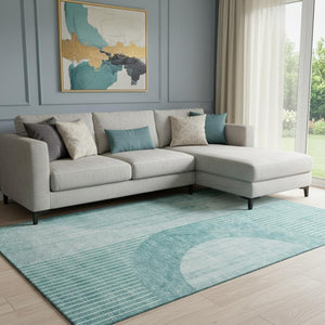 HomeRoots 8' X 10' Teal and Ivory Geometric Area Rug – Durable, Washable, UV-Protected for Modern Spaces! 655750