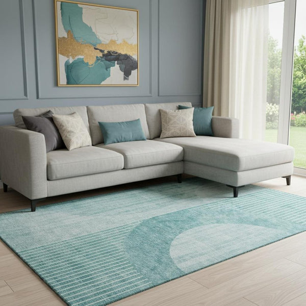 HomeRoots 8' X 10' Teal and Ivory Geometric Area Rug – Durable, Washable, UV-Protected for Modern Spaces! 655750
