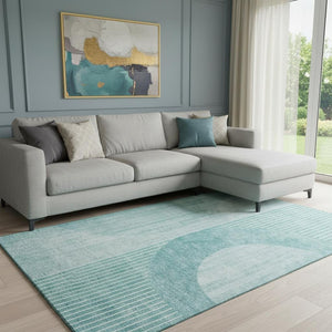 HomeRoots 9' X 12' Teal and Ivory Geometric Area Rug - Washable, UV Protected, Stain Resistant for Modern Homes 655751