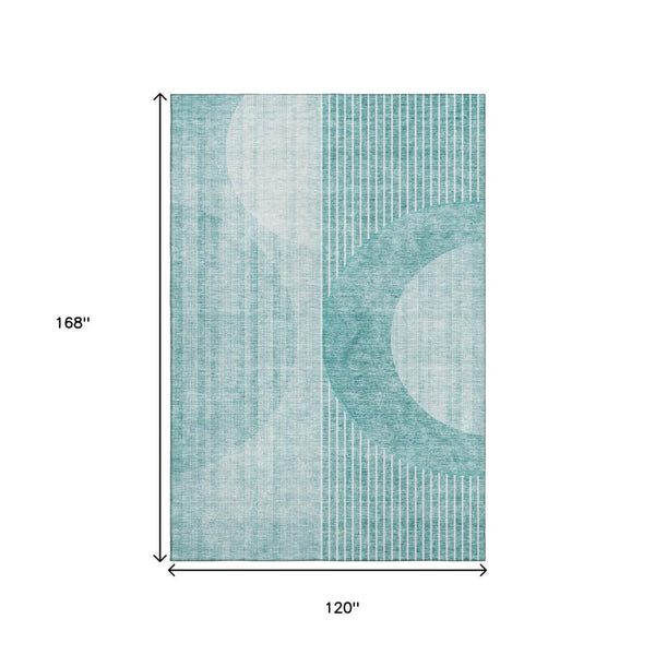 HomeRoots 10' X 14' Teal and Ivory Geometric Area Rug - Washable, UV-Protected, Stain-Resistant & Durable! 655752