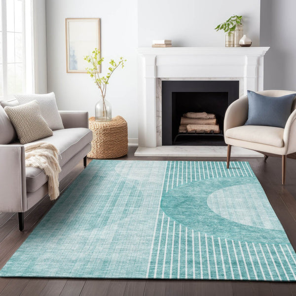 HomeRoots 10' X 14' Teal and Ivory Geometric Area Rug - Washable, UV-Protected, Stain-Resistant & Durable! 655752