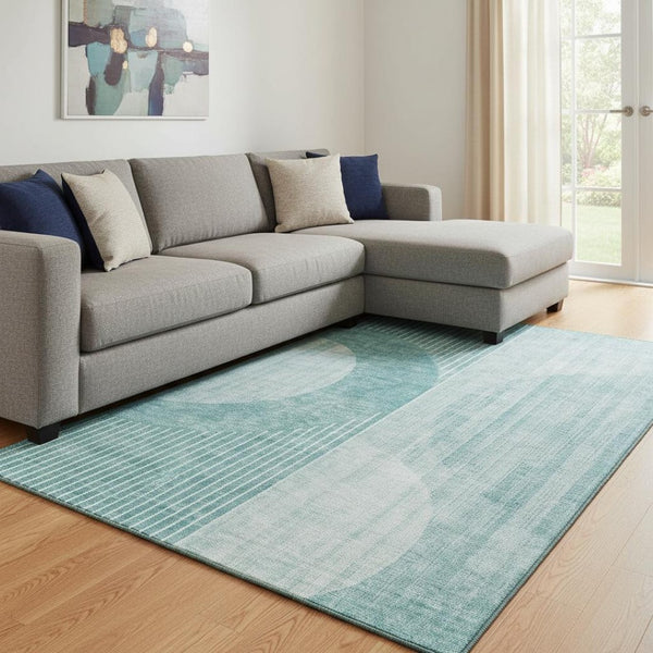 HomeRoots 10' X 14' Teal and Ivory Geometric Area Rug - Washable, UV-Protected, Stain-Resistant & Durable! 655752